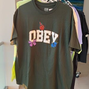 Obey Olive Green T-Shirt with Butterfly Graphics